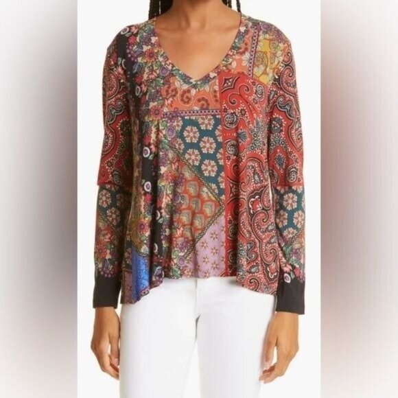 Johnny Was Moa Favorite Top Boho Long Sleeve Bamboo Floral Patchwork Size XS - Picture 6 of 9